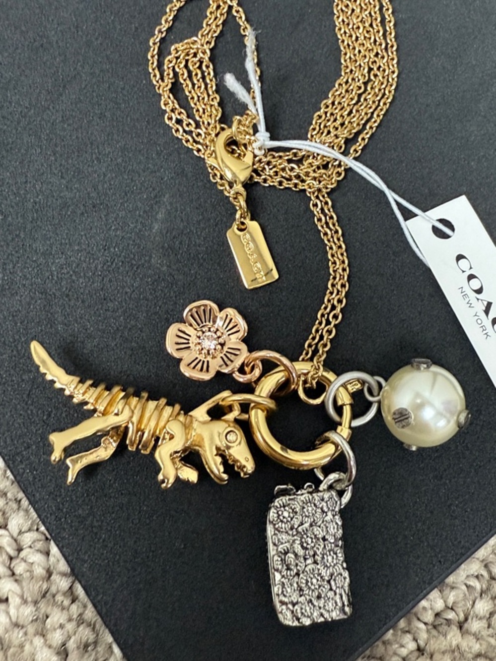 Rare COACH Rexy Gold-Tone Multi-Charm Necklace with Rexy, Pearl & Floral Charms